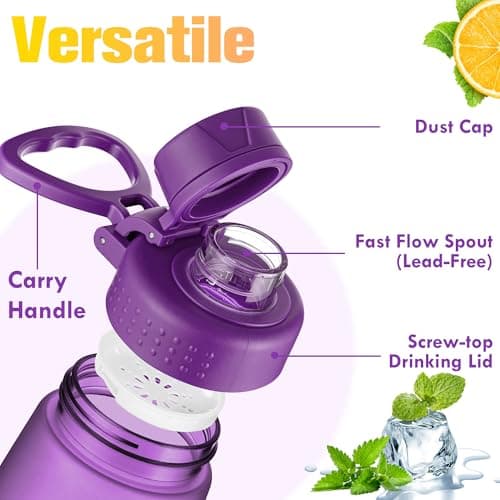 GOPPUS 1L/32oz Clear Tritan Water Bottle with Screw Lid, Drinks Bottle with Wide Mouth, Fruit Infuser, Leakproof, BPA Free, Carry Handle, Measurement Markings, Dust Cap (Purple) — view 4