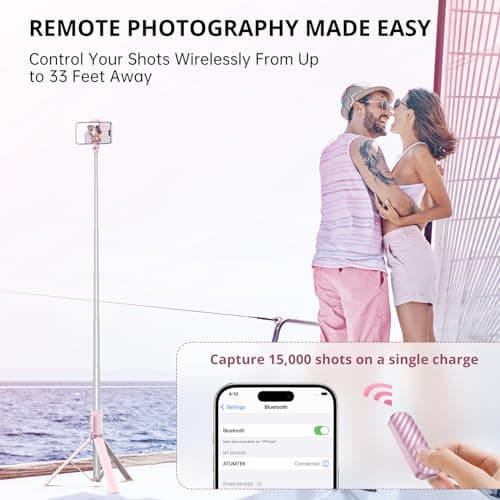 ATUMTEK 1.4m Selfie Stick Tripod, All-in-one Extendable Aluminum Phone Tripod with Rechargeable Bluetooth Remote for iPhone, Samsung, Google, LG, Sony and More, Fitting 4.7-7 inch Smartphones, Pink — view 3