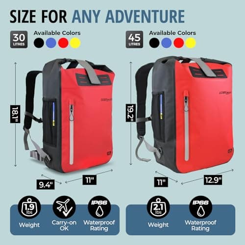OverBoard Red Explorer Waterproof Backpack 30L Bundle | Roll Top Floating Dry Bag for Kayaking, Beach, Boating, Hiking, Rafting | Includes Waterproof Phone Case and Backpack Organiser (Red, 30 Litre) — view 3