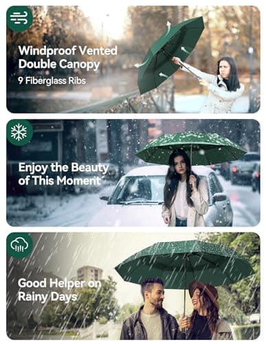 TECKNET Umbrella Windproof Strong Real Wood Handle Auto Open Close Vented Double Canopy - Portable Compact Folding Travel Umbrella, Strong Fiberglass Frame for Men and Women — view 3