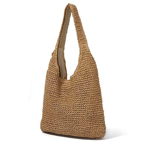CHIC DIARY Womens Hand-woven Straw Shoulder Bag Large Summer Beach Leather Handles Handbag Tote with Zipper (02-Khaki) — view 3