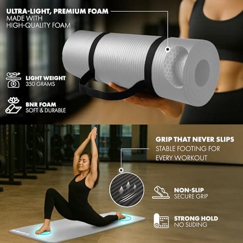 KAYMAN Yoga & Exercise Mat with Carry Strap, Large Non-Slip Comfortable Training & Workout Floor Mats for Home or Outdoor, Gym, Pilates, Gymnastics, HiiT, Stretching & Meditation (Grey) — view 4