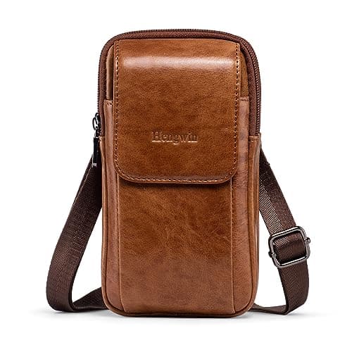 Hengwin Multifunctional Genuine Leather Double Zip Bags Men Vintage Look Shoulder Bag Mobile Phone Belt Bag Phone Holster for Travel, Outdoor Activities (Brown)