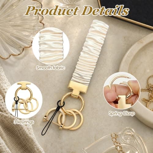 AJEFF Wristlet Keychain for Women, Scrunchie Lanyard Key Strap with D Ring, Stretchy Wristlet, Removable Key Holder Keyring, Phone Charm Tether Tab, Beige — view 4