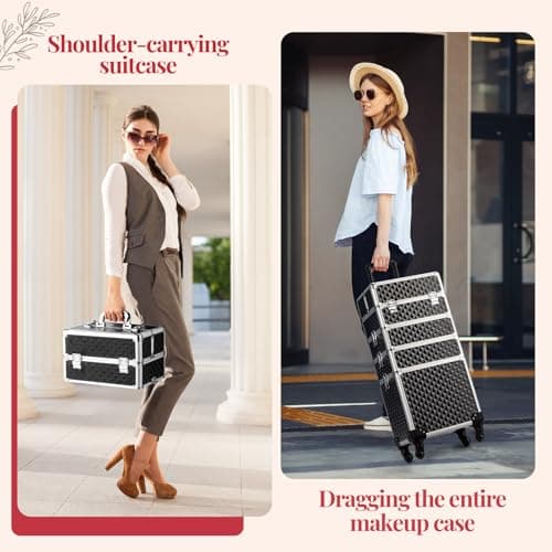 Bonnlo 4 in 1 Rolling Makeup Train Case, Aluminum Makeup Travel Organizer Cosmetic Case, Cosmetology Display Suitcase on Wheels, Beauty Storage Luggage Lockable w/4 Removable Wheels - Black & Silver — view 6