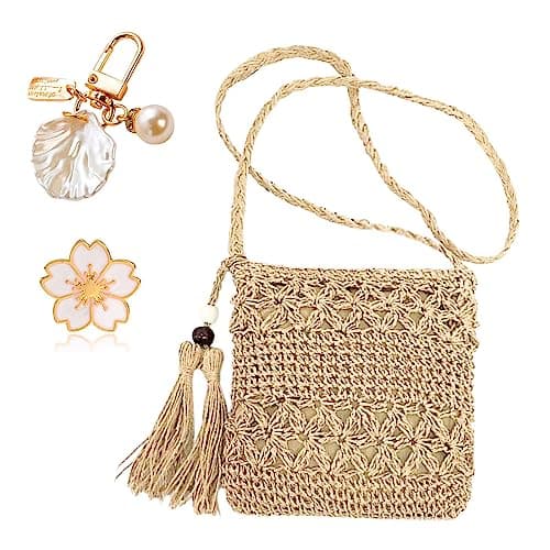 MUNSKT Straw Bag for Women with Tassel & Shell Keychain & Cherry Blossom Brooch, Weave Handmade Bohemian Crossbody Bag with Zipper for Summer Beach Travel