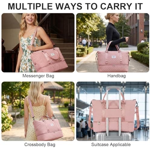 OSDUE Womens Gym Bag, 50L Large Travel Duffle Bags for Weekend Overnight with Wet Pocket, Toiletry Bag, Shoe Compartment, Cabin Luggage Holdall Bags for Hospital Sports, Pink — view 5