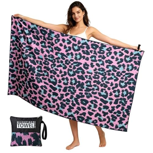 Merzio Large Microfibre Beach Towel for Adults, Pink Leopard Print Sand Free Beach Towels, Lightweight Quick Dry Travel Swimming Towel, Compact Bath Sheet for Pool Holiday Yoga Gym(160x90cm)