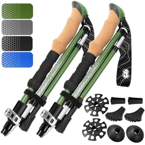 Premium Foldable Hiking Poles by USA Brand - Adjustable, Lightweight Trekking Poles Made of Aircraft Aluminum, Metal Locks Cork EVA Grips (Cork - Green, 100-120 cm for Height: 5'9" and Smaller)