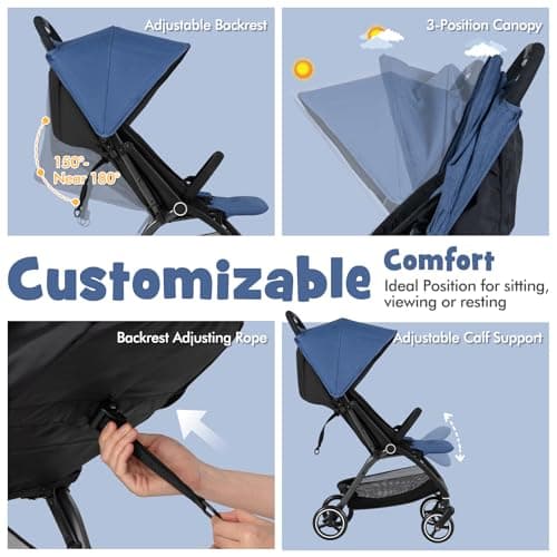 COSTWAY Baby Pushchair, One Hand Foldable Toddler Stroller with Adjustable Backrest & Canopy, 5-Point Harness, Storage Basket, Lightweight Travel Pram for Infants 0-36 Months (Navy) — view 2