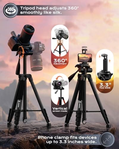 JOBFRI 73" Camera Tripod for Camera and Phone, Aluminum Travel Tripod — view 5