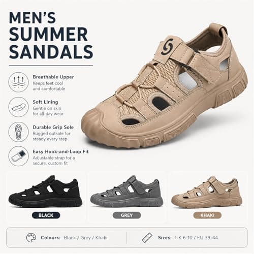 Metaju Men's Closed Toe Outdoor Sandals, PU Leather Lightweight Hiking Sandals with HOOk&LOOP, Non-Slip Rubber Sole Walking Shoes for Beach Trekking Camping Travel Casual Summer (Khaki,7) — view 3