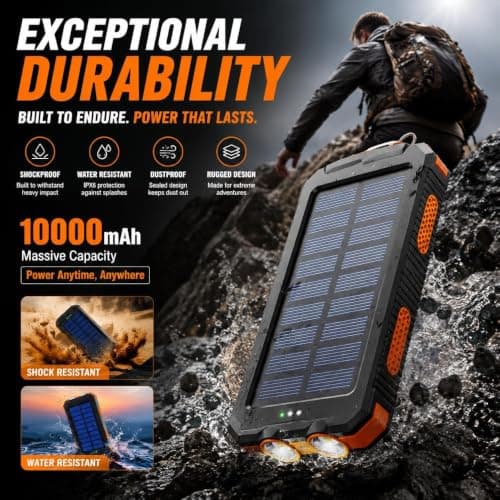 Solar Power Bank 10000mAh, Portable Solar Charger, Portable Charger USB C Fast Charging Outdoor with Flashlight 2 Output Ports for Smartphones Tablets and More — view 6