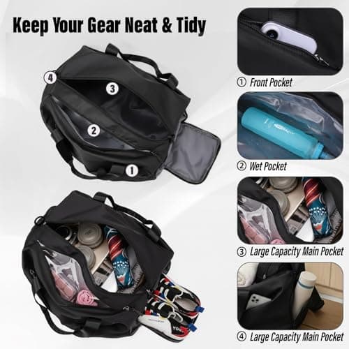 Viiotu Gym Bag with Shoe Compartment, Durable Gym Duffel Bag for Men Women, Large Travel Bag with Wet-Dry Separation, Overnight Weekend Bag for Sports Travel (Black) — view 5