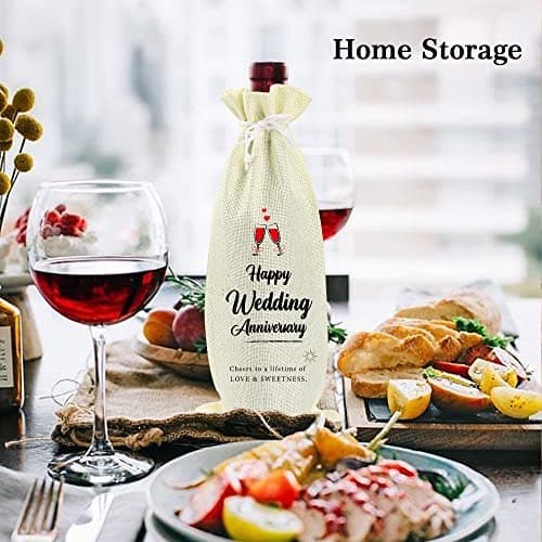 Omoojee Wedding Anniversary Wine Bag, Couple Gift for Married Anniversary, Flax Drawstring Wine Bag (1 Pack) — view 5