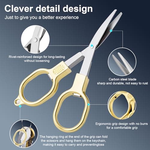 2 Pcs Folding Stainless Steel Portable Mini Small Travel Scissors, Safety Foldable Pocket Badge Nursing Scissors with 2 Keychain for Travel, Home, Office, Craft, Sewing (Gold) — view 3
