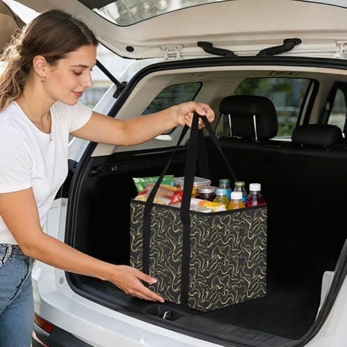 Grckit Car Trunk Organizer Black Gold Wavy Lines Heavy Duty Collapsible Storage Tote Bag with Reinforced Handles for Shopping Travel Picnic — view 6