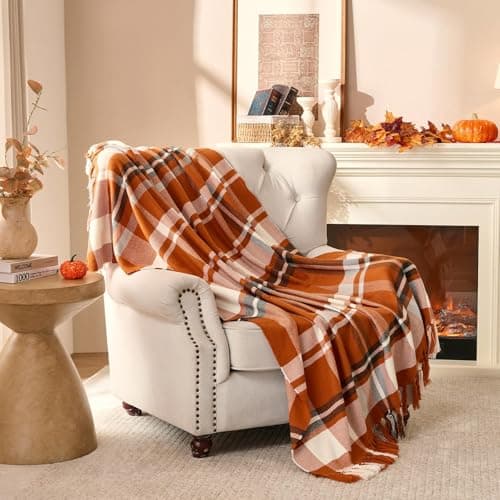 Lanpn Rust Plaid Throw Blanket, Cozy Soft Fall Fringe Blankets for Couch Sofa Bed, Lightweight Orange Checkered Throws Acrylic Cashmere Like Shawl, Autumn Thanksgiving Home Decor Gift, 130x150 — view 2