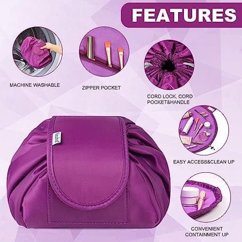 Vavabox Lazy Drawstring Makeup Bag, Flat Lay Cosmetic Bags (Purple) — view 4