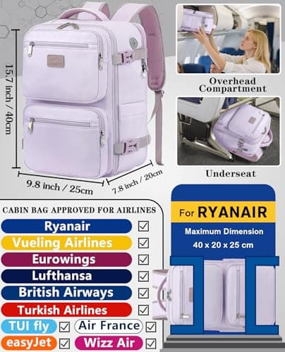 LYNXCHER Ryanair Cabin Bags 40x20x25 Travel Backpack Carry-ons Hand Luggage Bag Small Rucksack Underseat Cabin Size 20L Flight Laptop Bags(Light Purple, S) — view 2