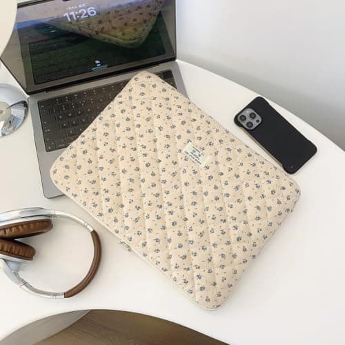 CHAMAIR Puffy Laptop Sleeve 13 Inch Cute Laptop Case Floral Quilted Laptop Sleeve Cute Aesthetic Cover Case 13'' 12'' (Blue 13in) — view 4