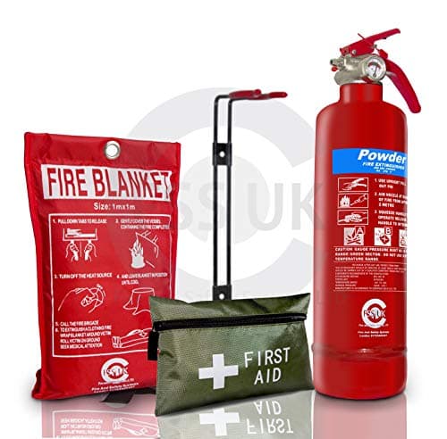 FSS UK 1 KG ABC Dry Powder FIRE Extinguisher with FIRE Blanket & 1st aid kit. British Standard CE Marked. Ideal for Homes Kitchens Workplace WORKSHOPS Offices Cars Vans Warehouses GARAGES Hotels Restaurants