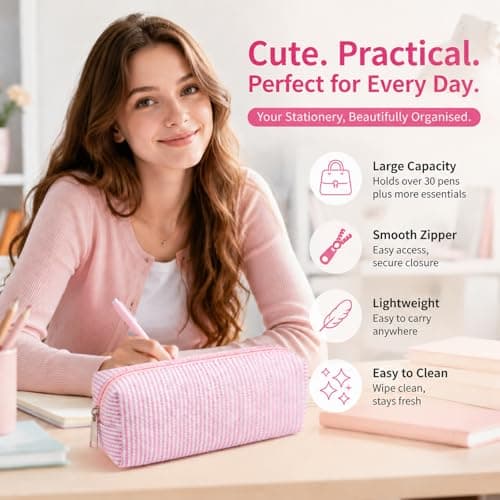 CAYLEKI Lightweight Nylon Pencil Case with Striped Design - Durable Stationery Organiser Bag for School, Work & Travel, Holds Over 30 Pens, Scratch-Resistant, Easy-Clean Textured Fabric (Pink White) — view 2