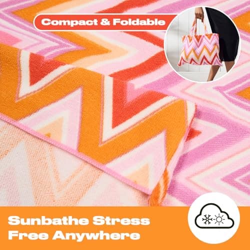 Brentfords Sun Lounger Towels with Pockets, Soft Quick Dry Towel Absorbent Lightweight Large Beach Towel in a Bag for Travel Poolside Beach Days Holiday Accessories, 75 x 215cm - Orange Zigzag — view 6