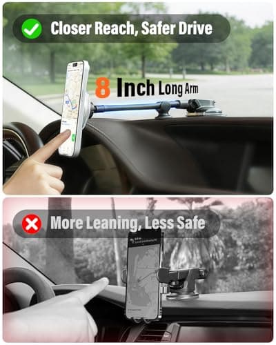 APPS2Car Magnetic Car Phone Holder for MagSafe, Long Arm Suction Cup Windscreen & Dashboard Mount, Super Strong Magnet, One-Hand Adjustable, iPhone 17/16/15/14/13/12 + Metal Ring for Android — view 2