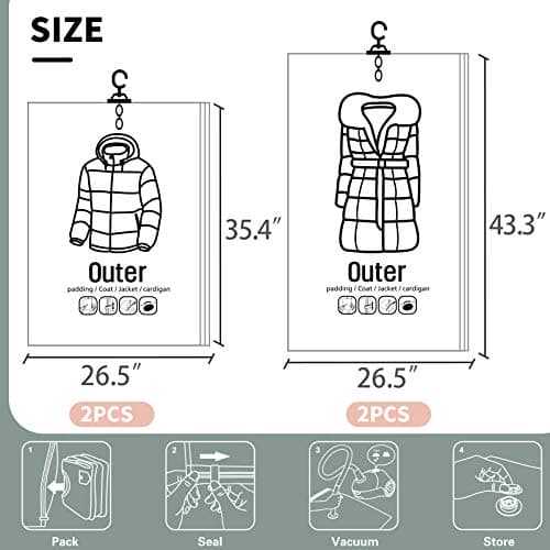 Meetall 4Pack Hanging Vacuum Storage Bag Reusable Space Saver Compressed Bag with Hangers.2pcs in 26.3x35.4inch(67x90cm) and 2pcs in 26.3x43.3inch (67x110cm).Work with Any Vacuum Cleaner. — view 2