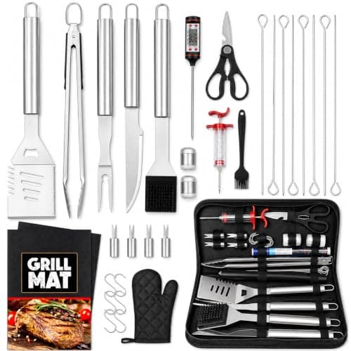 JUAUO 32PCS BBQ Tool Set, Thickened Stainless Steel Barbecue Accessories with Oxford Storage Bag – Complete BBQ Utensil Kit for Outdoor, Camping, Garden & Kitchen – Grilling Gifts for Men, Dad, Him