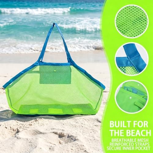 Large Mesh Beach Bag, 30L Foldable Mesh Swimming Bag for Outdoor, Quick-Dry Sandproof Summer Net Beach Bags for Kids Children Large Capacity Storage Bag (16×15 x 12 in) Green — view 6