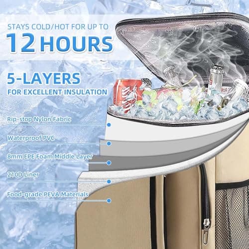 Bagtopia Camping Cooler Backpack 25 Cans, Leak Proof Soft Insulated Compartments Thermal Bag, Portable Lightweight Beach Travel Trip Picnic Lunch Backpack for Men and Women, Stripes-Khaki — view 3