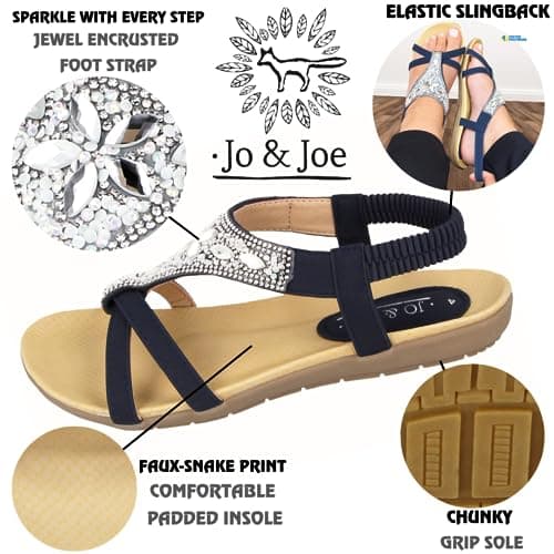 Jo & Joe Ladies Faux Leather Peep Open Toe Sling Back T-Bar Dimante Flat Flip Flop Sandals Size 3-8 (UK 5, Navy) — view 4