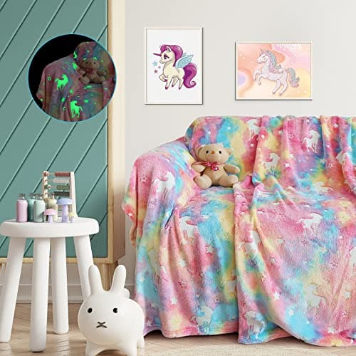 Ranedo kids Blanket, Glow in the Dark Blanket 150cm x 190cm, Unicorn Throw Kids Cozy Flannel Fleece, All Seasons Throw Christmas Holiday Birthday Gifts for Girls Teen Children Adults, Pink — view 4