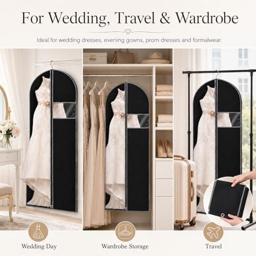 Dress Bag Covers Long, URMI Breathable 60 x 183cm (3 PCS) Hanging Wedding Dress Bridesmaid Dress Bags for Gowns Prom Bridal Garment Bags with Clear Window Moth Proof Clothes Cover Storage Bag Black — view 5