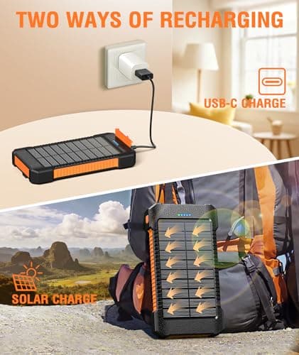 Solar Power Bank 26800 mAh with 4 Solar Panels, Power Bank USB-C 18W Quick Charge for Compatible Phones, IPX7 Waterproof Outdoor External Batteries with Flashlight Light/SOS/Strobe — view 3