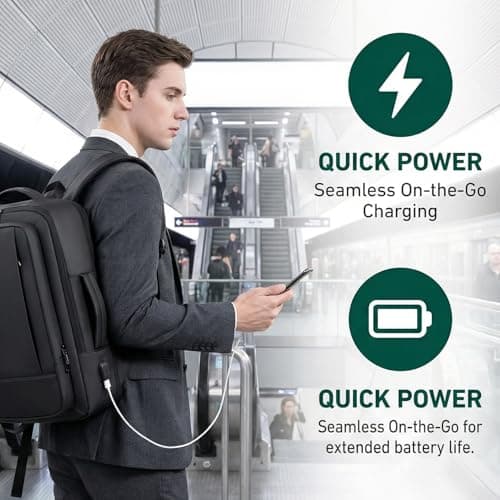 FaVen Laptop Backpack, 15.6 Inch Waterproof Laptop Rucksack with USB Charging Port, Expandable Travel Backpack with Laptop Compartment, Mens Leather Laptop Bag for Work, Business, Travel, Black — view 6