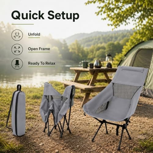 HomlyPro High Back Camping Chair with Wide Feet & Carry Bag, Pack of 1 - Ultra Lightweight & Compact Foldable Chair for Adults, Ideal for Beach, Garden, Picnic, Fishing & Travel (Grey) — view 5