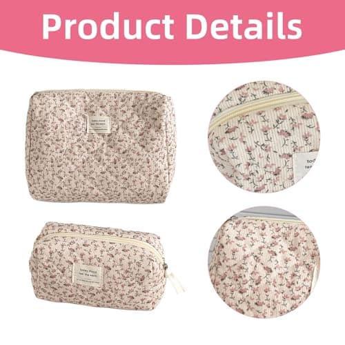 2 Pcs Small Cosmetic Bag, Rose Floral Canvas Makeup Bag, Multifunctional Travel Toiletry Bag, Flower Printing Corduroy Pencil Case for Women Girls Birthday Gift (Pink Flower) — view 3