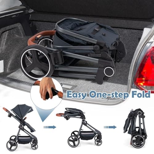 COSTWAY Baby Pushchair, Foldable Travel System Pram with Reversible Seat, Adjustable Canopy & Backrest, Storage Basket, Cup Holder, Aluminum Structure Stroller for 0-36 Months (Dark Blue) — view 5