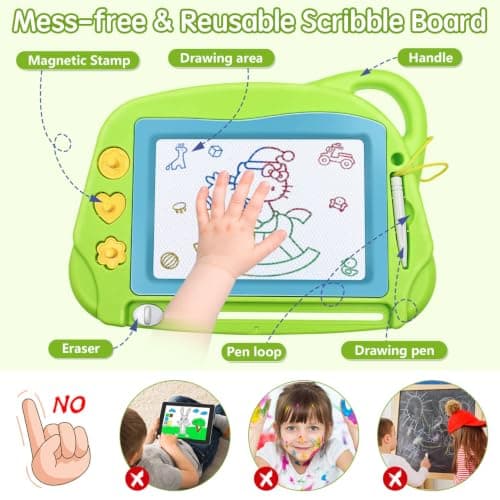 AiTuiTui Travel Size Magnetic Drawing Doodle Board for Toddlers, Colorful Writing Tablet-Mini Erasable Etch Sketching Pad with 3 Stamps and 1 Pen Educational Toys for Kids 3 4 5- Green — view 2