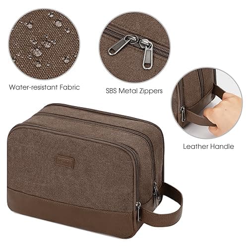WANDF Toiletry Bag for Men, Travel Wash Bag with Handle, Water-Resistant Canvas Shaving Organiser, SBS Metal Zipper Dopp Kit for Makeup Bathroom Gym (Brown) — view 5