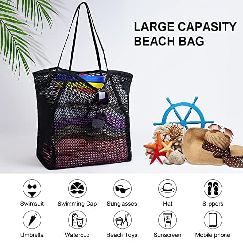 flintronic Mesh Beach Bag, Summer Beach Bag Oversized Ladies Tote Bag Shoulder Bag with Zipper Pockets Mesh Nylon Bag, Perfect for Beach Party Travel Picnic Vacation Shopping - Black — view 5