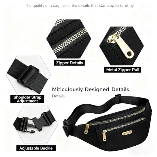 Qinsky Fashionable Fanny Pack Waist Bag Unisex Black Bum Bag - Water-Resistant Travel Pouch with 3 Zipper Pockets for Women Men Hiking Commute Essentials Secure Carry (Black) — view 2