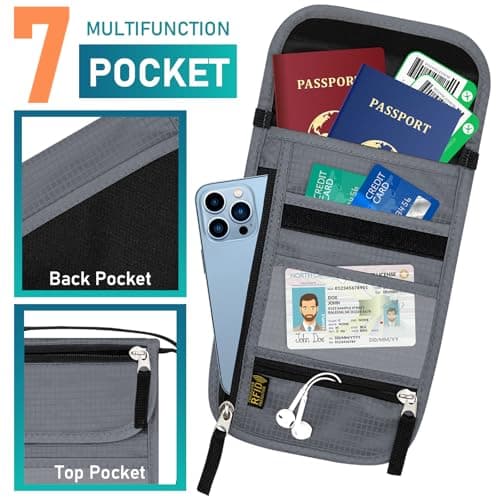 sundee Travel Neck Wallet with RFID Blocking for Men and Women, Passport Holder and Neck Pouch with Adjustable Lanyard Strap, Slim Wallet with Zipper Pockets to Keep Cash Cards Phone Safe -Light Gray — view 3