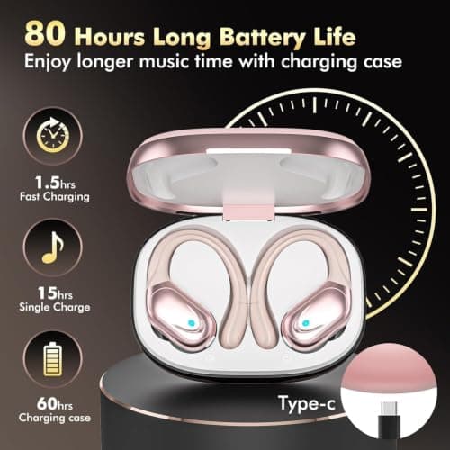 HAOYUYAN Wireless Earbuds, Sports Bluetooth Headphones, 80Hrs Playtime Ear Buds with LED Power Display, Noise Canceling Headset, IPX7 Waterproof Earphones for Workout/Running — view 2