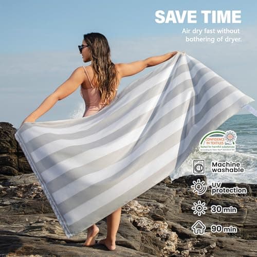 Winthome Beach Towel for Adults - Large Microfibre Beach Towel Quick-Dry, Sand Free, Lightweight, With Bag for Beach, Pool, Camping, Yoga & Outdoor Grey Stripe 90×180cm 1 Pack — view 3