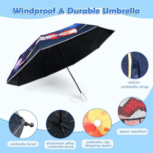 Decalsweet Kids Travel Folding Umbrella,Strong Windproof Automatic Compact Umbrella with Reflective Strips,UV Protection Sun Umbrella for Boys Girls-Astronaut Planet — view 4