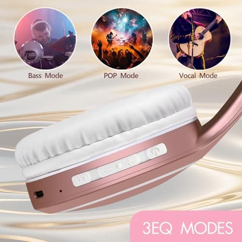 Bluetooth Headphones Over Ear, 70H Playtime and 3 EQ Music Modes Wireless Headphones with Microphone, HiFi Stereo Foldable Lightweight Headset, Deep Bass for Home Office Cellphone PC (Rose Gold) — view 3